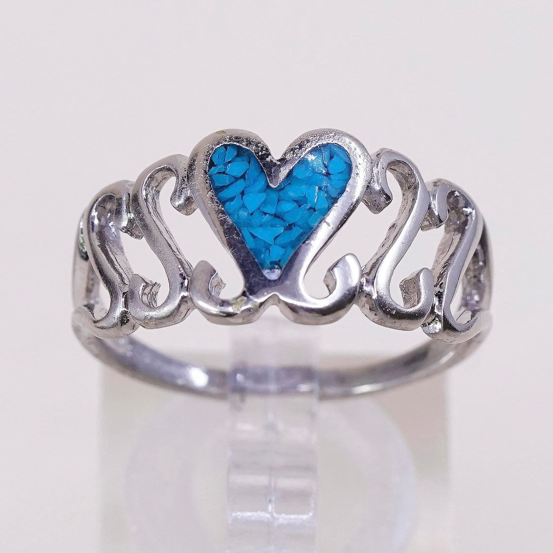 sz 9, vtg Sterling silver handmade ring, 925 band w/ turquoise heart