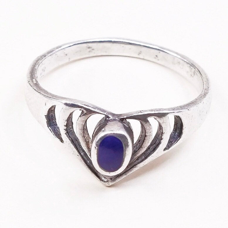 Size 7.5, vtg sterling 925 silver handmade ring, oval blue onyx