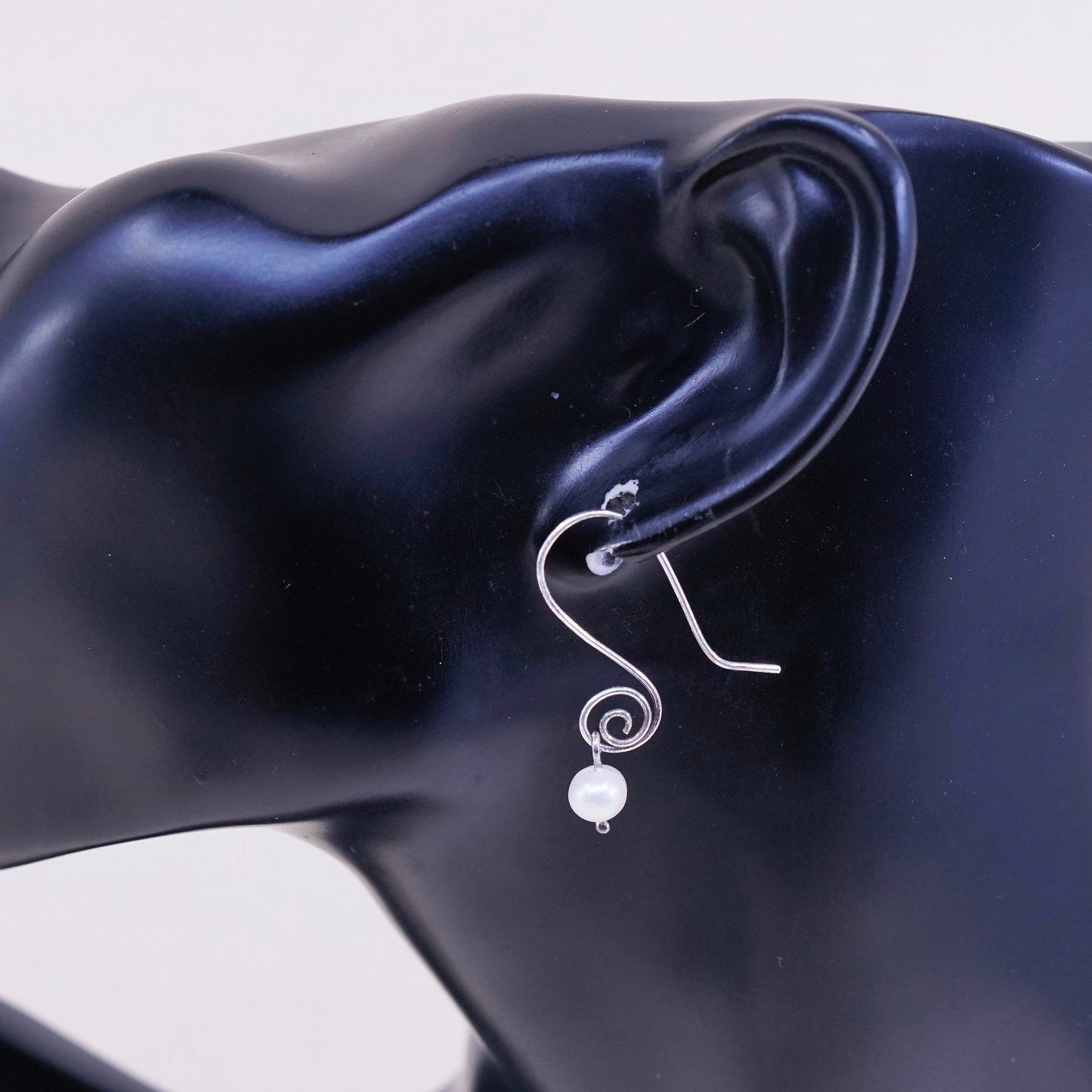 Vintage sterling silver handmade earrings, 925 swirl with pearl drop