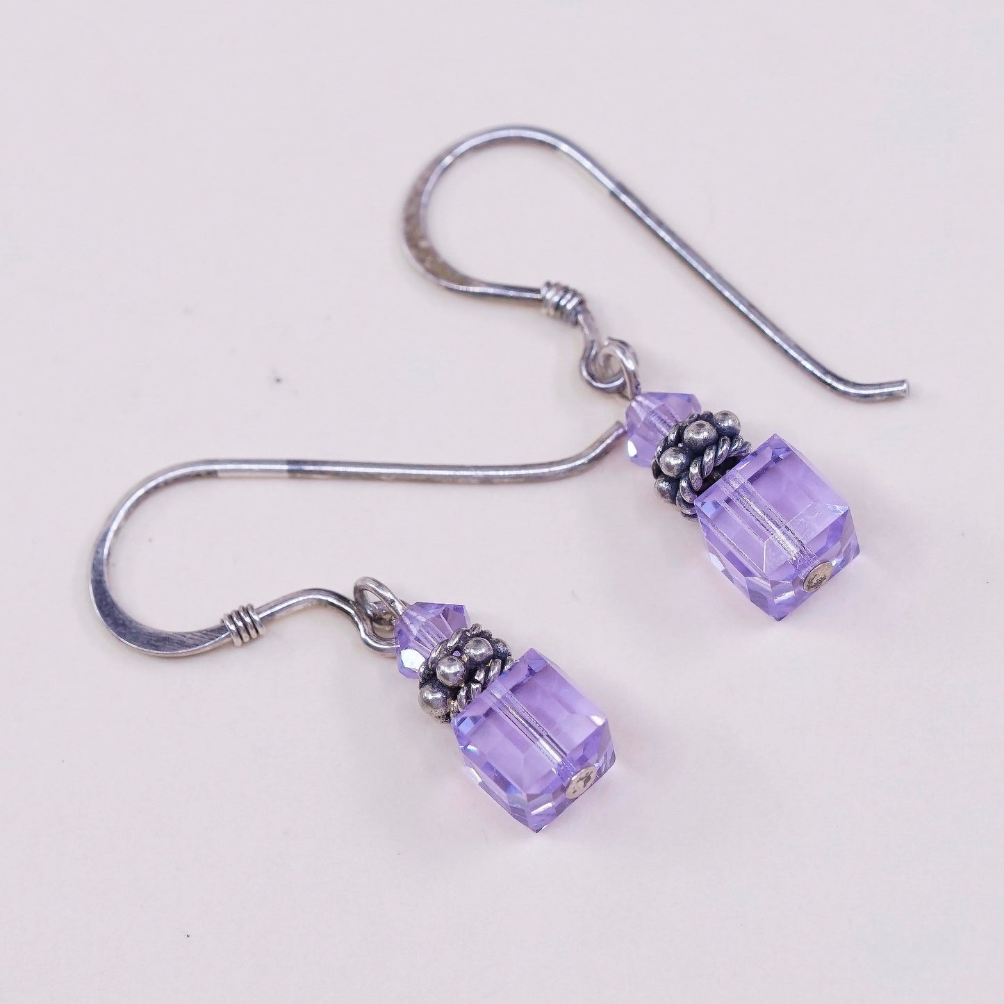 vtg Sterling silver handmade earrings, 925 with pink crystal, stamped 925