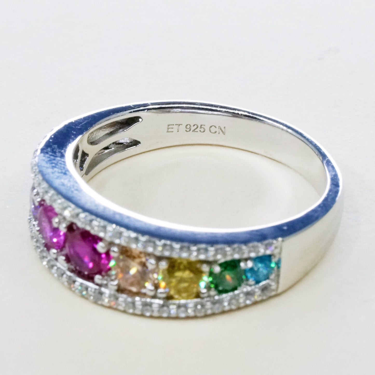 sz 9.25, vtg ET sterling silver handmade ring, 925 band w/ cluster colorful cz