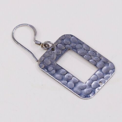 vtg Modernist Hammered Sterling 925 Silver Square Dangles Earrings, Stamped 925