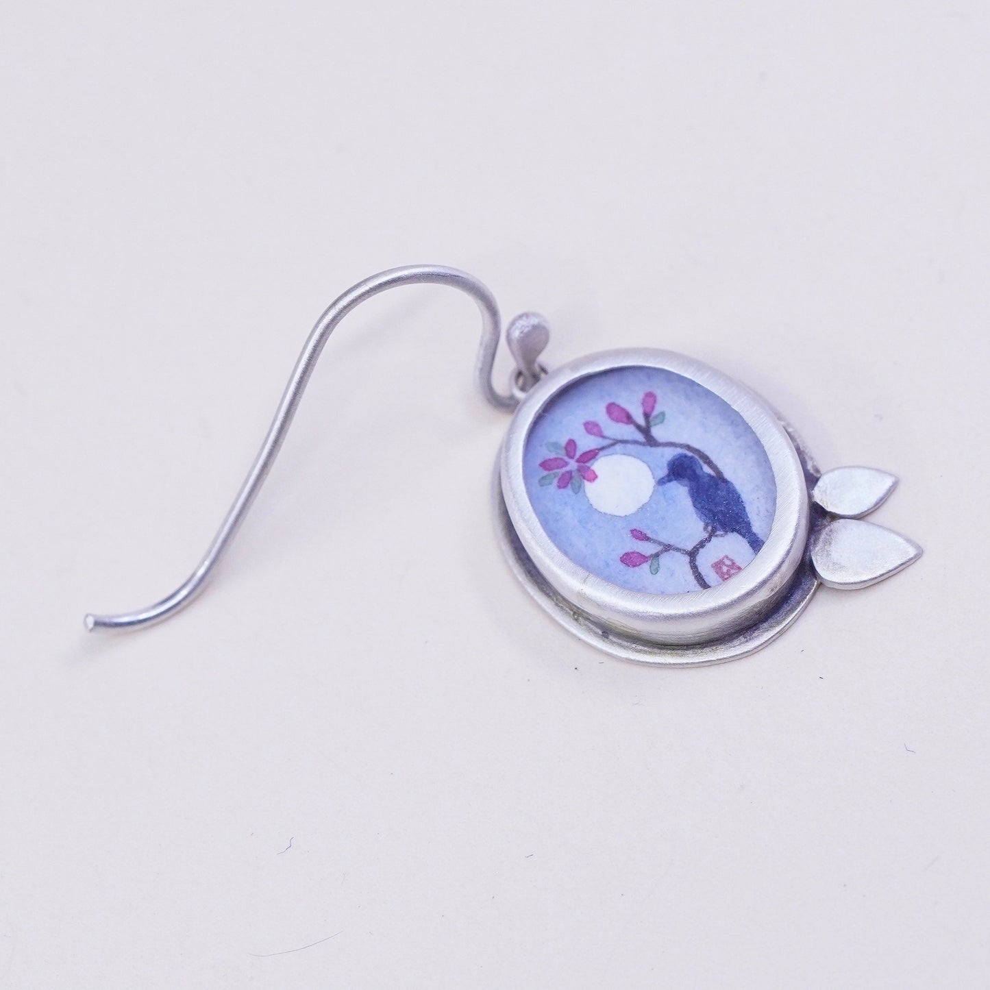 Designer Ananda KHALSA Sterling 925 silver handmade earrings, watercolor blue bird with Raven Petal, stamped 925 A