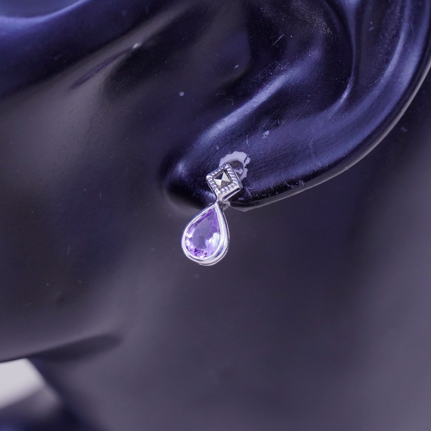 DBJ modern sterling silver handmade earrings, 925 teardrop amethyst marcasite