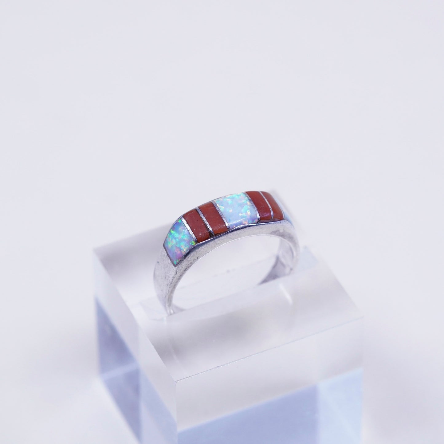 sz 9.25, vtg zuni Sterling silver handmade ring, 925 band w/ fire opal N coral