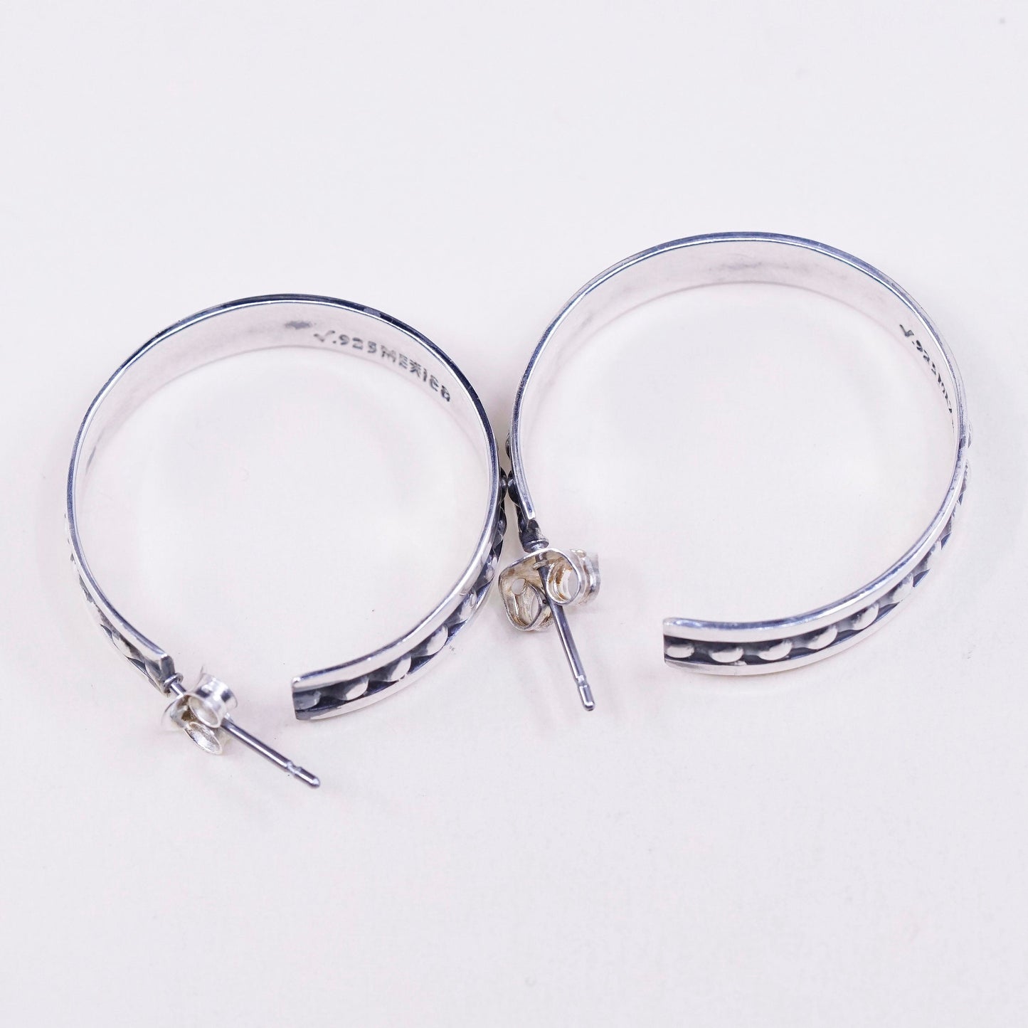 1”, Vintage mexico sterling silver wide hoops, 925 huggie earrings with beads