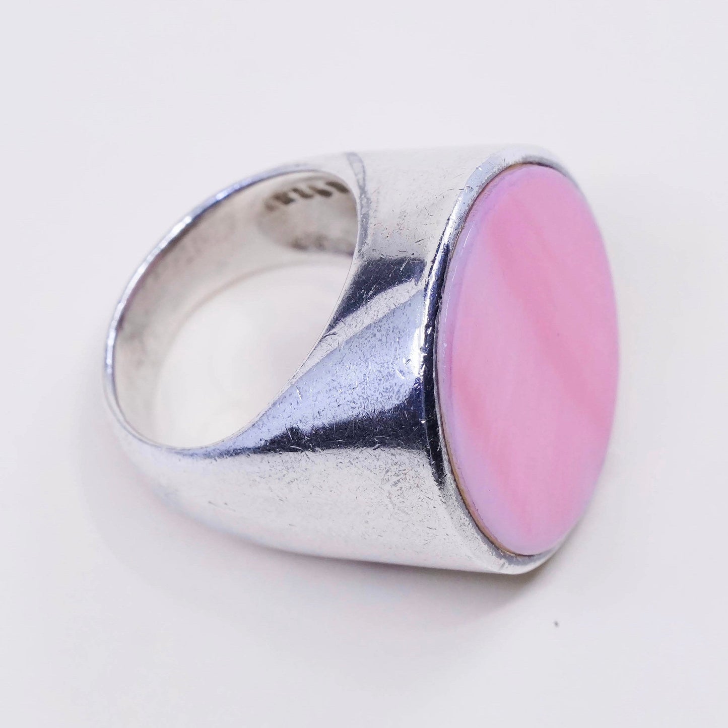 sz 7.25, mexico PB sterling silver handmade ring w/ round pink mother of pearl