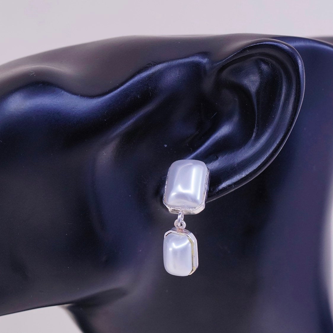 vtg JM Sterling silver handmade earrings, 925 w/ faux pearl drop