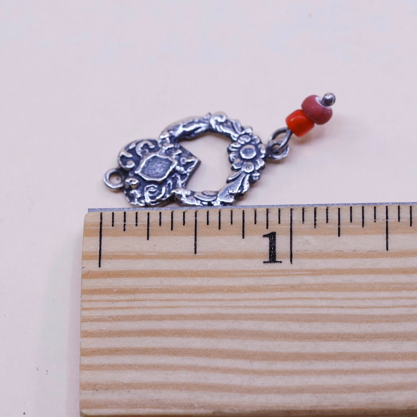 VTG handmade sterling silver charm, 925 heart pendant W/ coral, silver tested