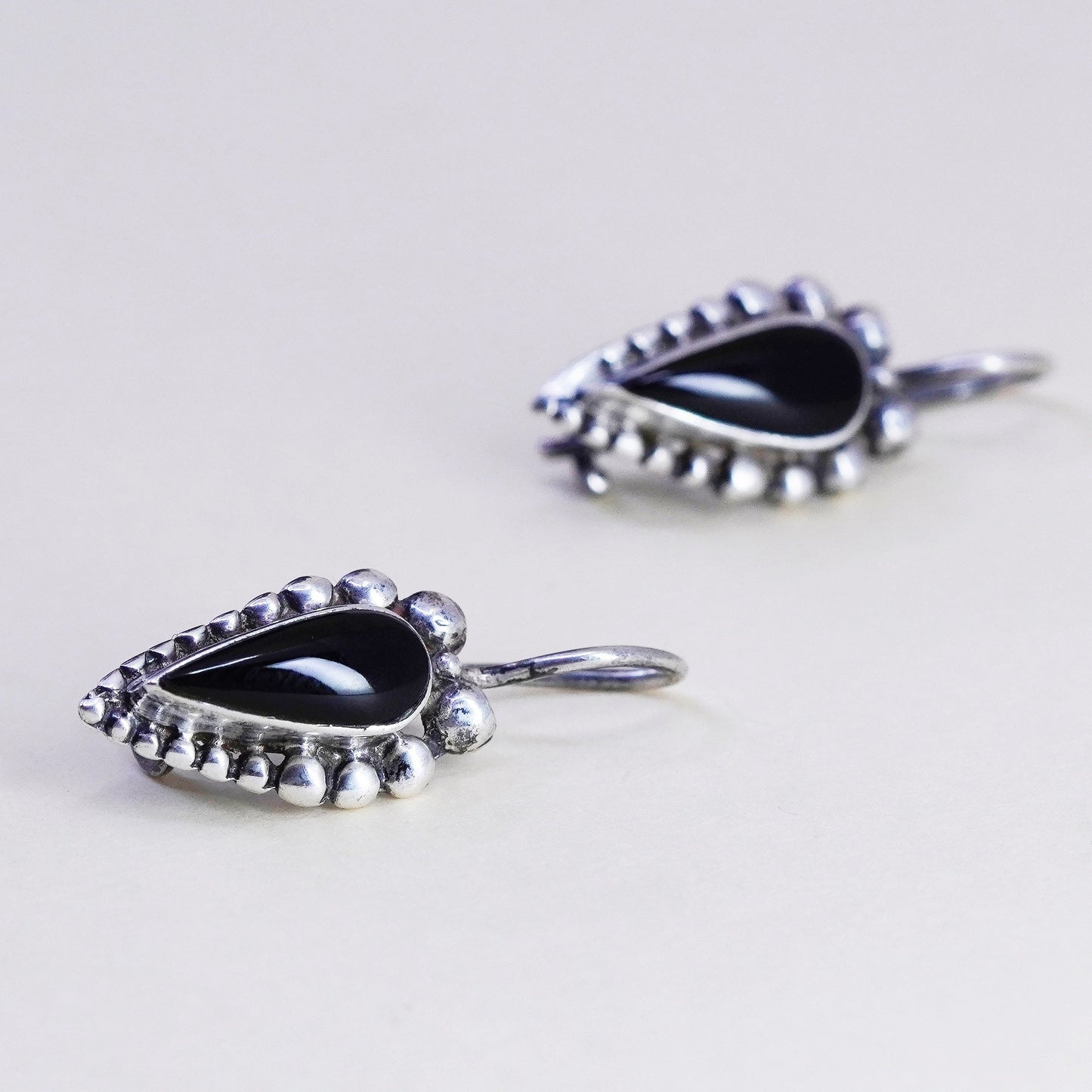 Vintage sterling 925 silver handmade earrings with teardrop onyx and beads