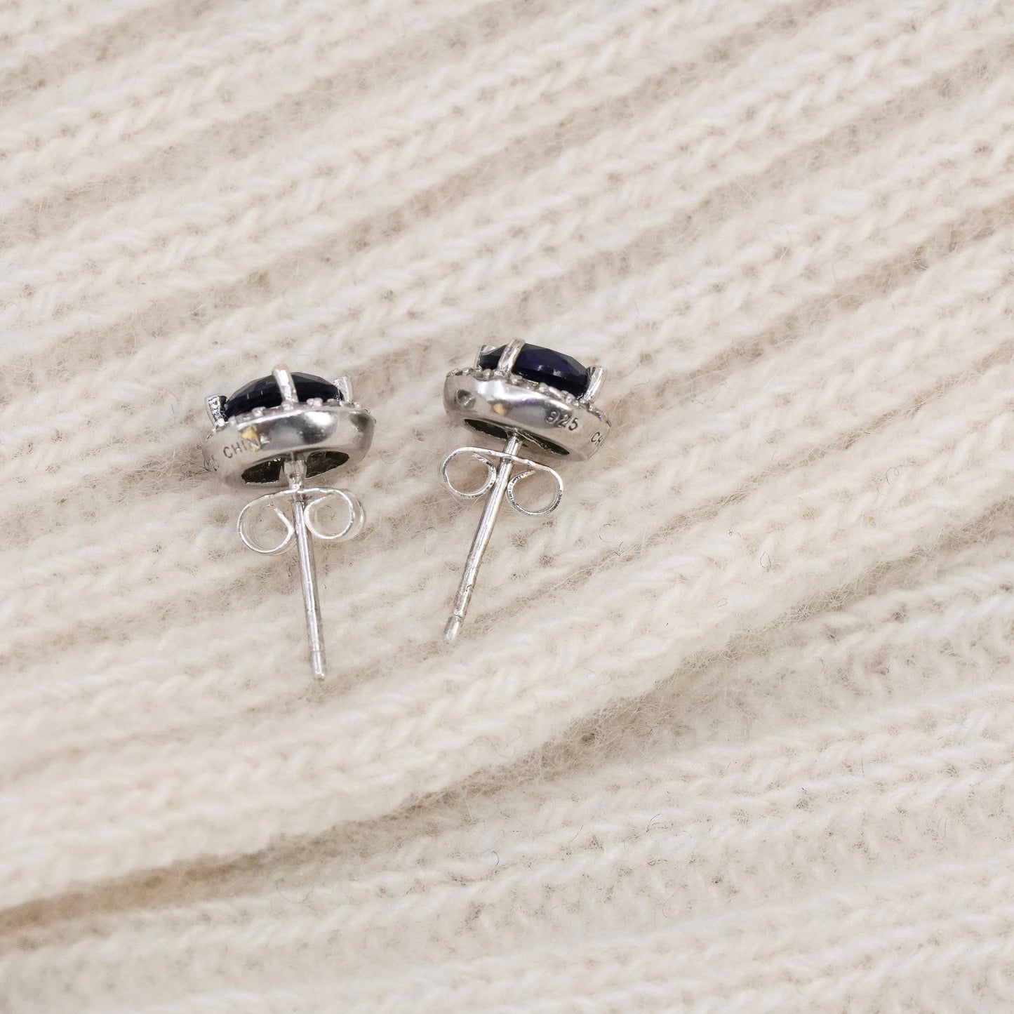 Vintage Sterling silver handmade earrings, 925 studs with sapphire cluster Cz