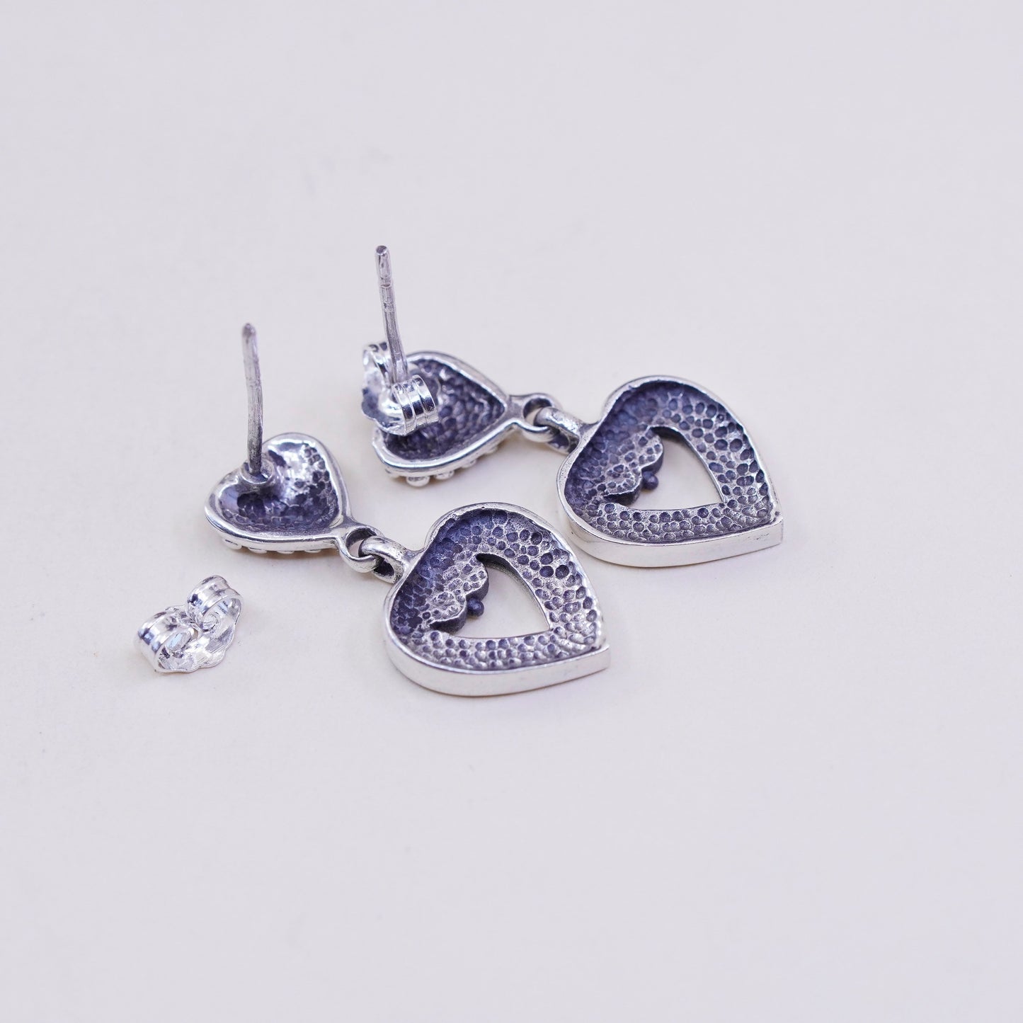 Vintage sterling silver handmade earrings, 925 heart dangles with beads