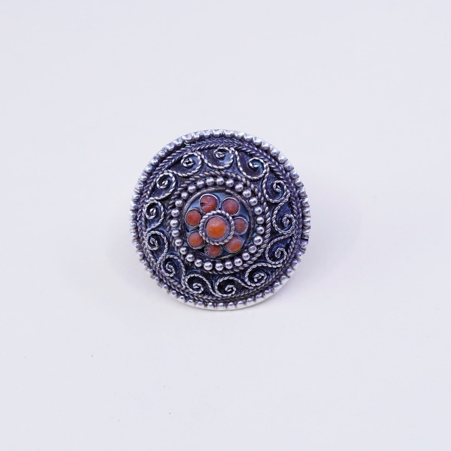 vtg sterling silver handmade earrings, 925 filigree circle studs with red coral