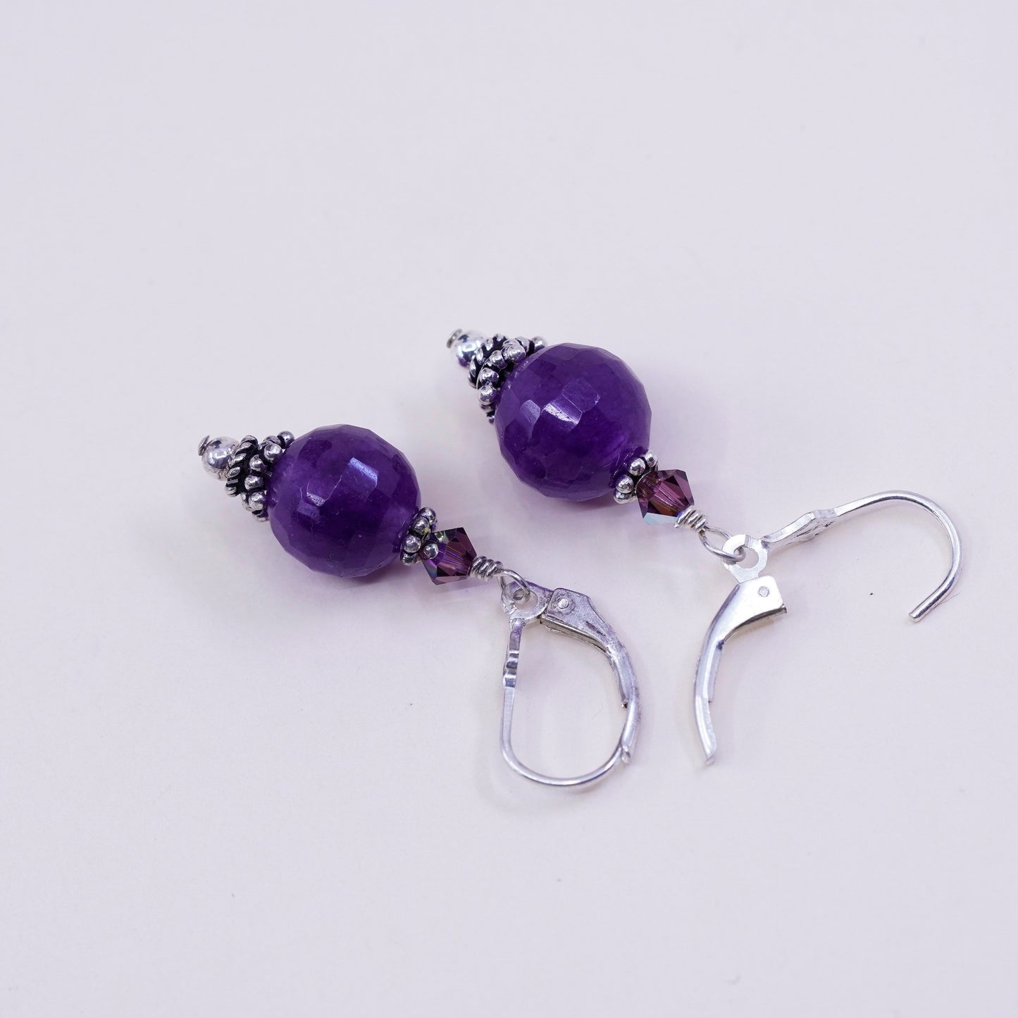 Vintage sterling silver handmade earrings, 925 twisted drop with amethyst bead, stamped 925