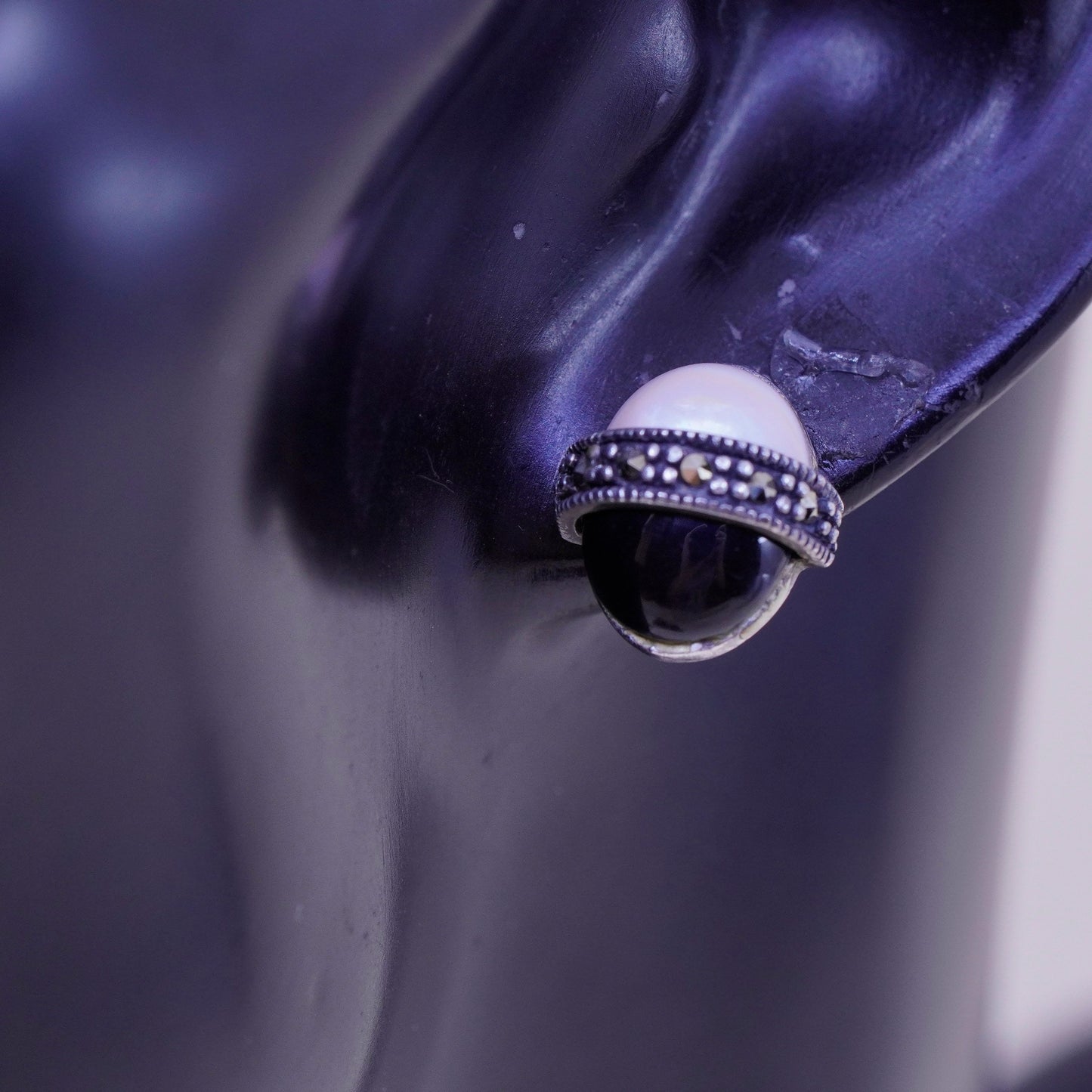 Vintage sterling silver earrings, 925 studs with agate obsidian and marcasite