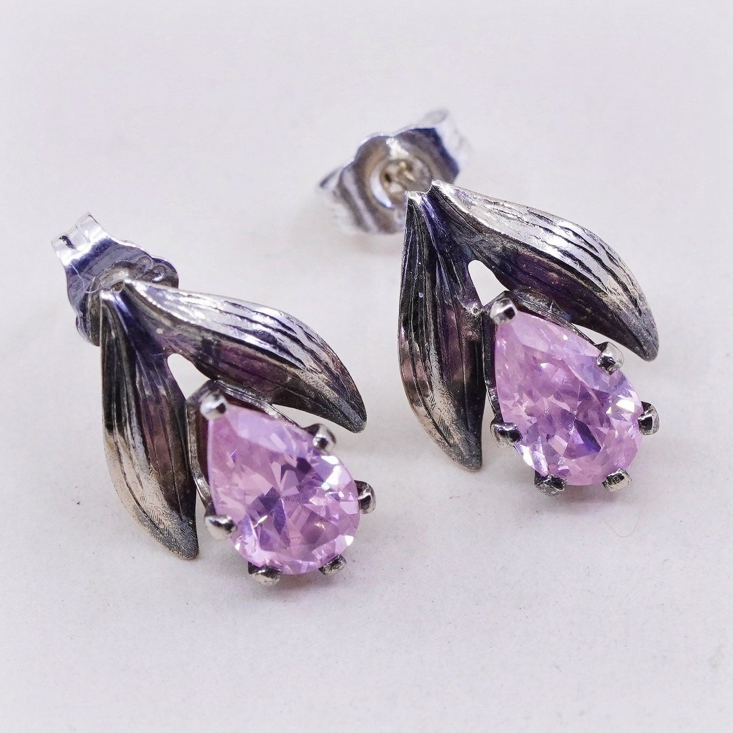 Vintage sterling 925 silver studs earrings with pink Cz and leaf