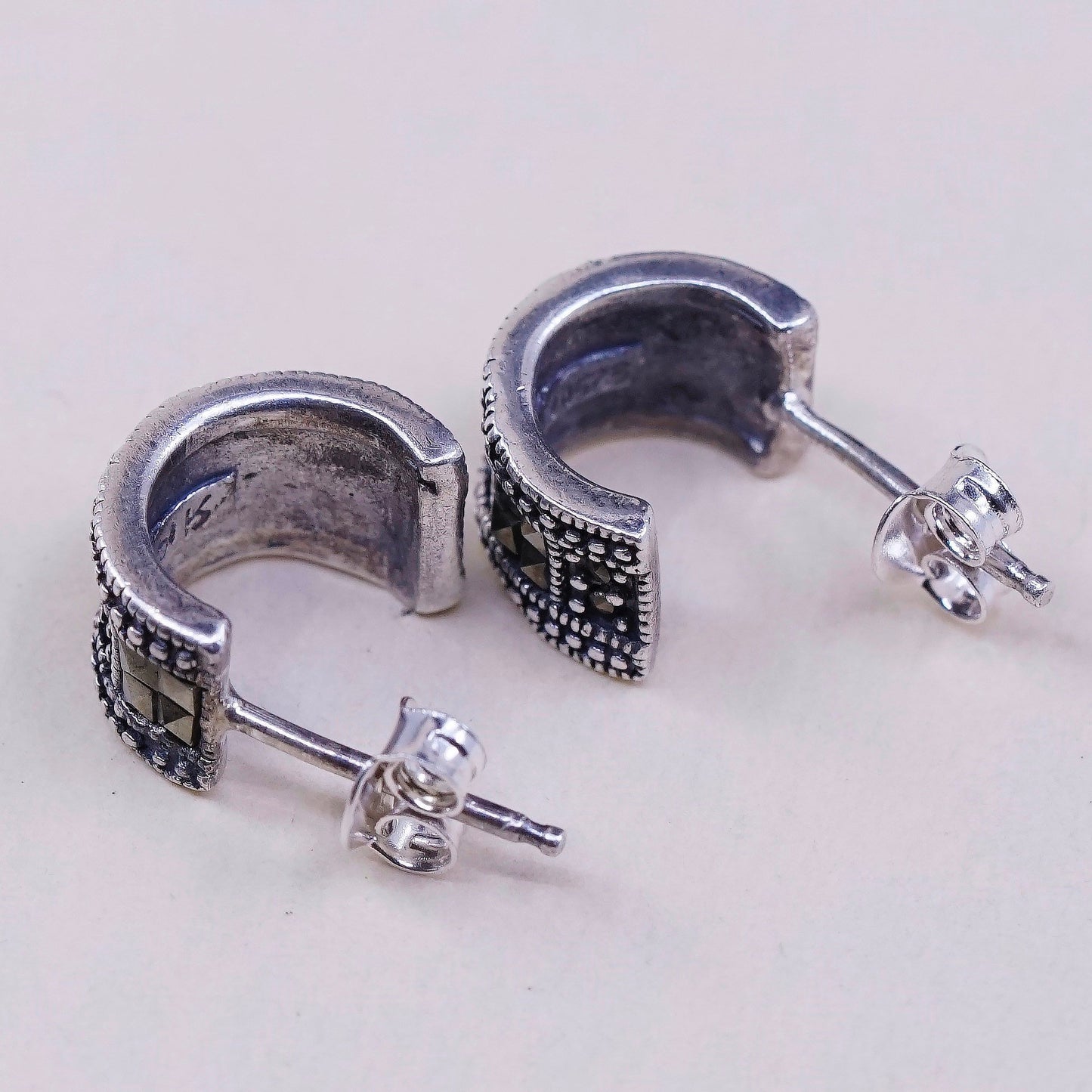 vtg Sterling silver handmade earrings, 925 Huggie studs w/ marcasite