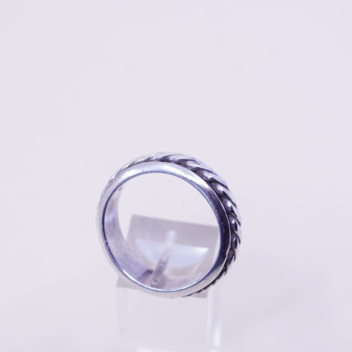Size 14, vintage sterling silver handmade ring, 925 spinner roller band cable