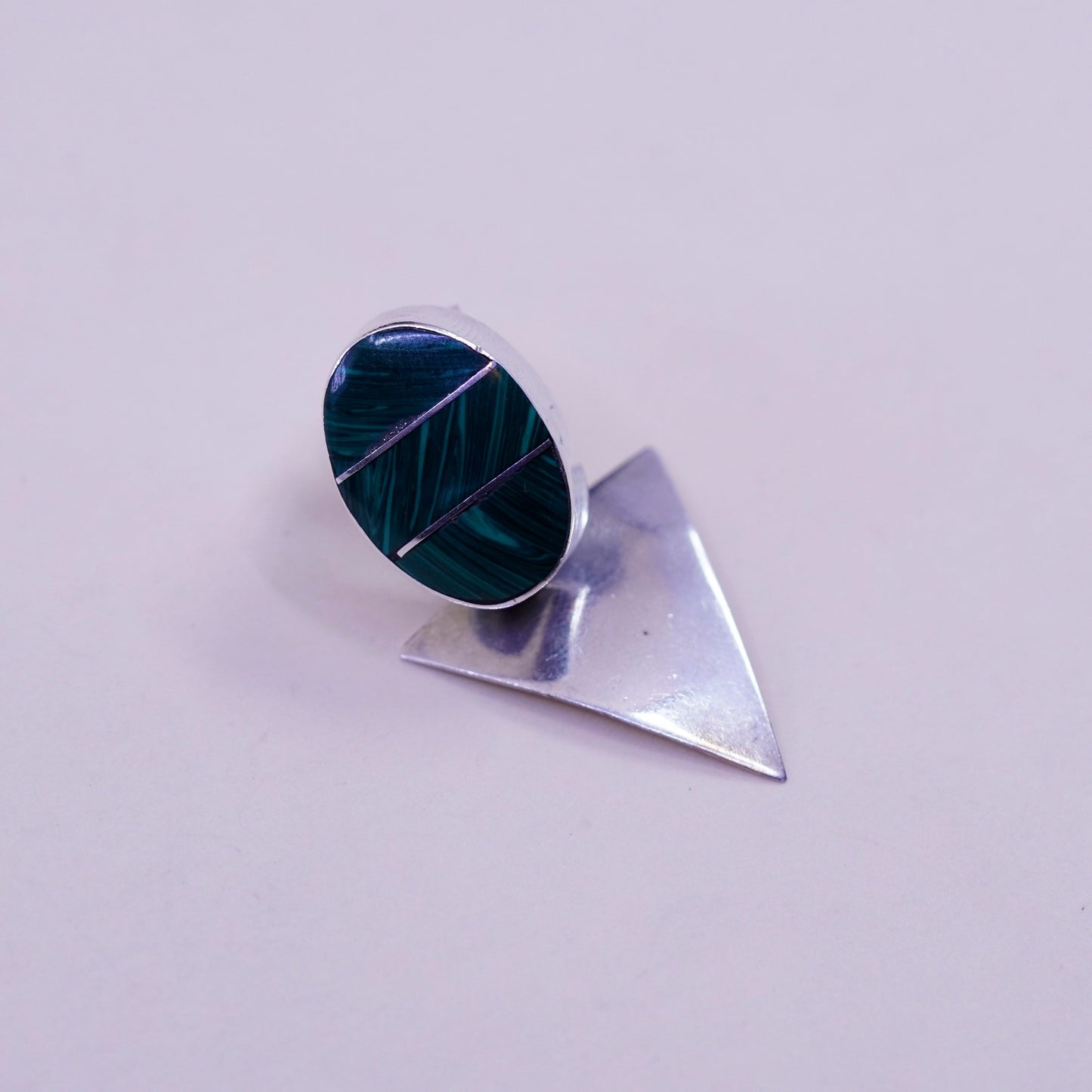 Mexico sterling 925 silver handmade earrings oval malachite triangular dangled