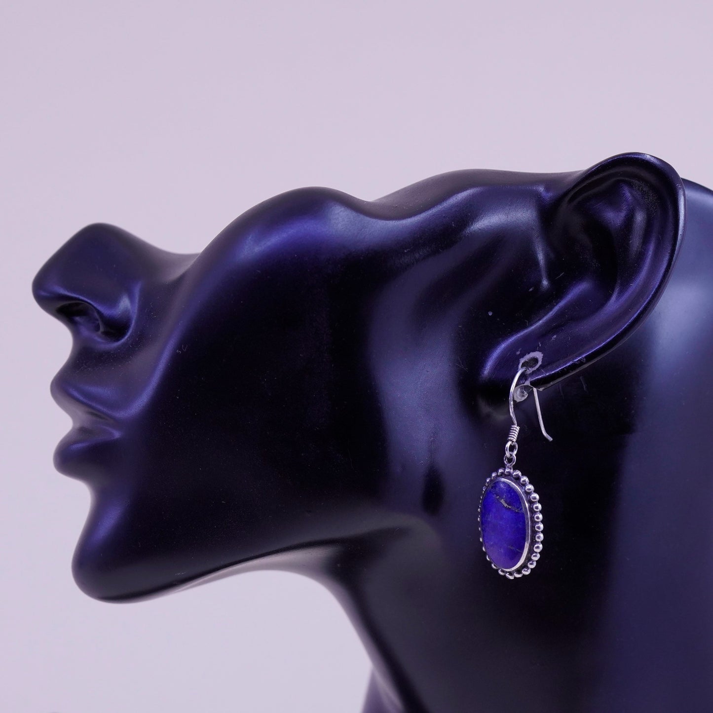 Vintage Sterling 925 Silver Handmade earrings with oval lapis lazuli and beads
