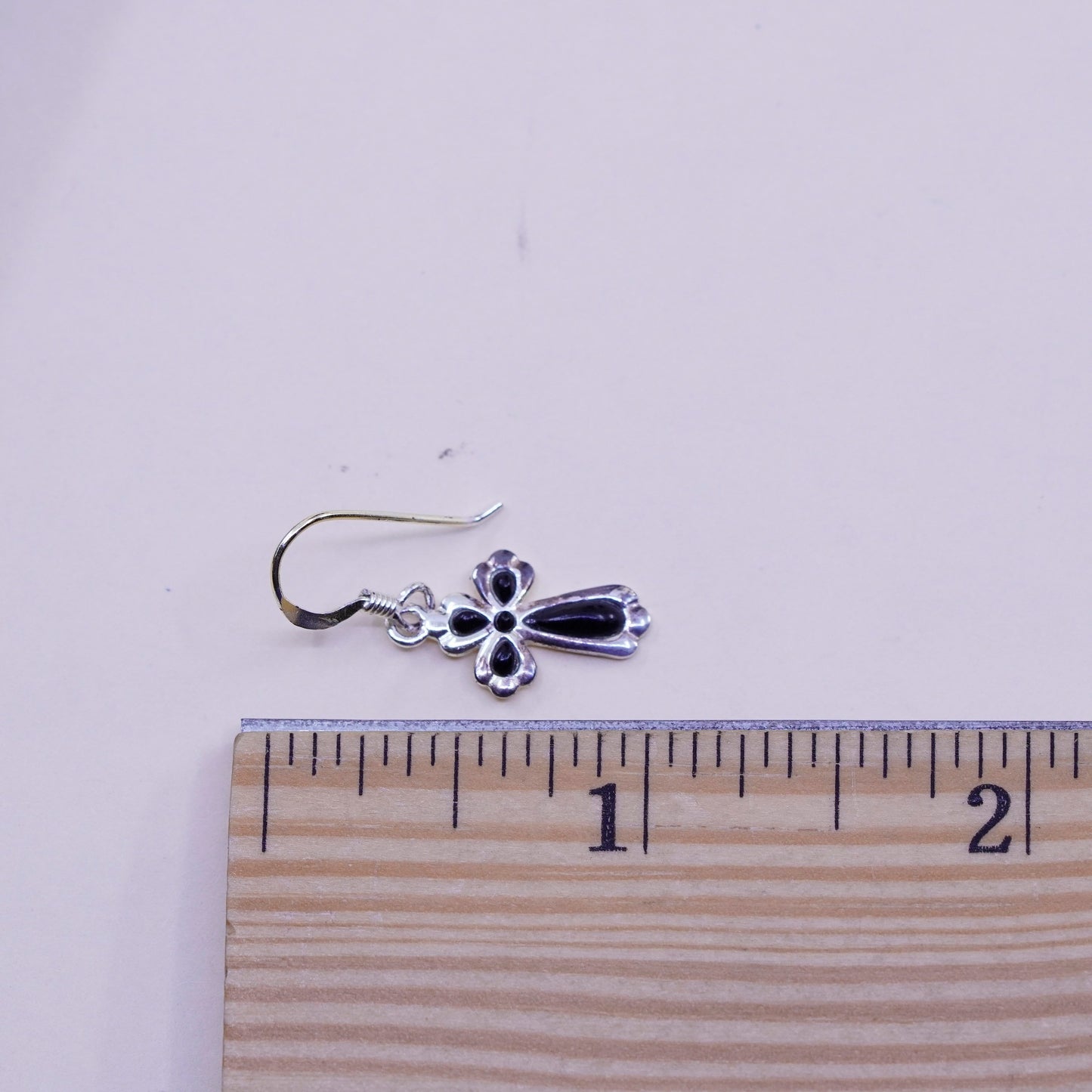 Vintage Sterling silver handmade earrings, 925 cross with obsidian, cute