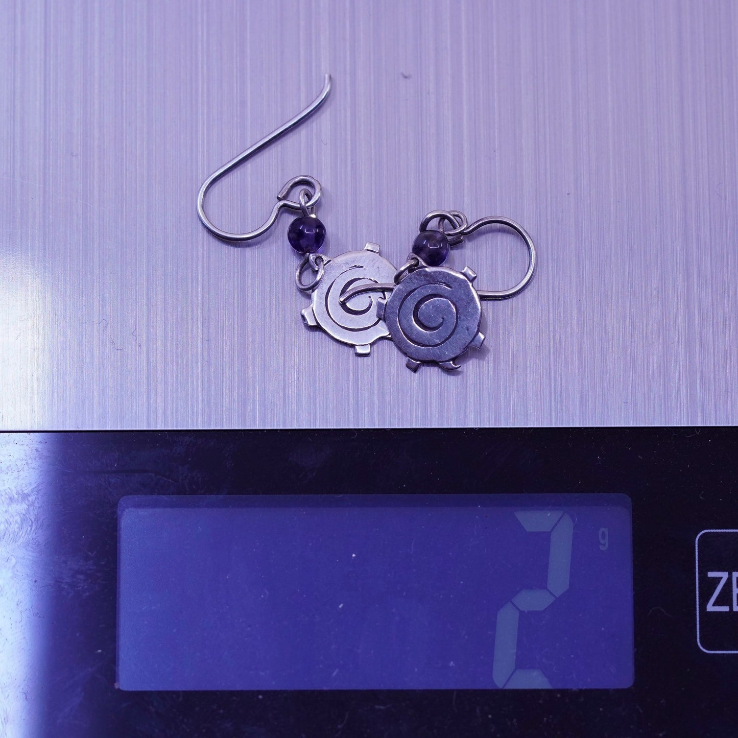 Vintage Sterling silver handmade earrings, 925 swirly dangles with amethyst