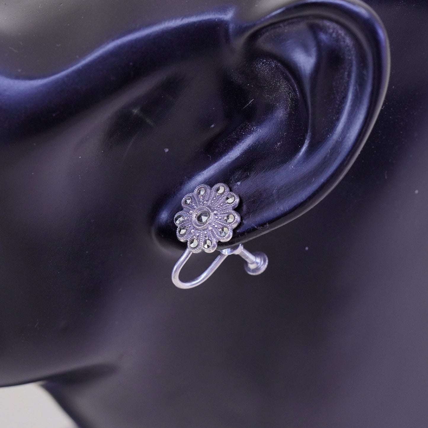Vintage Sterling silver handmade earrings, 925 screw back flower with Marcasite