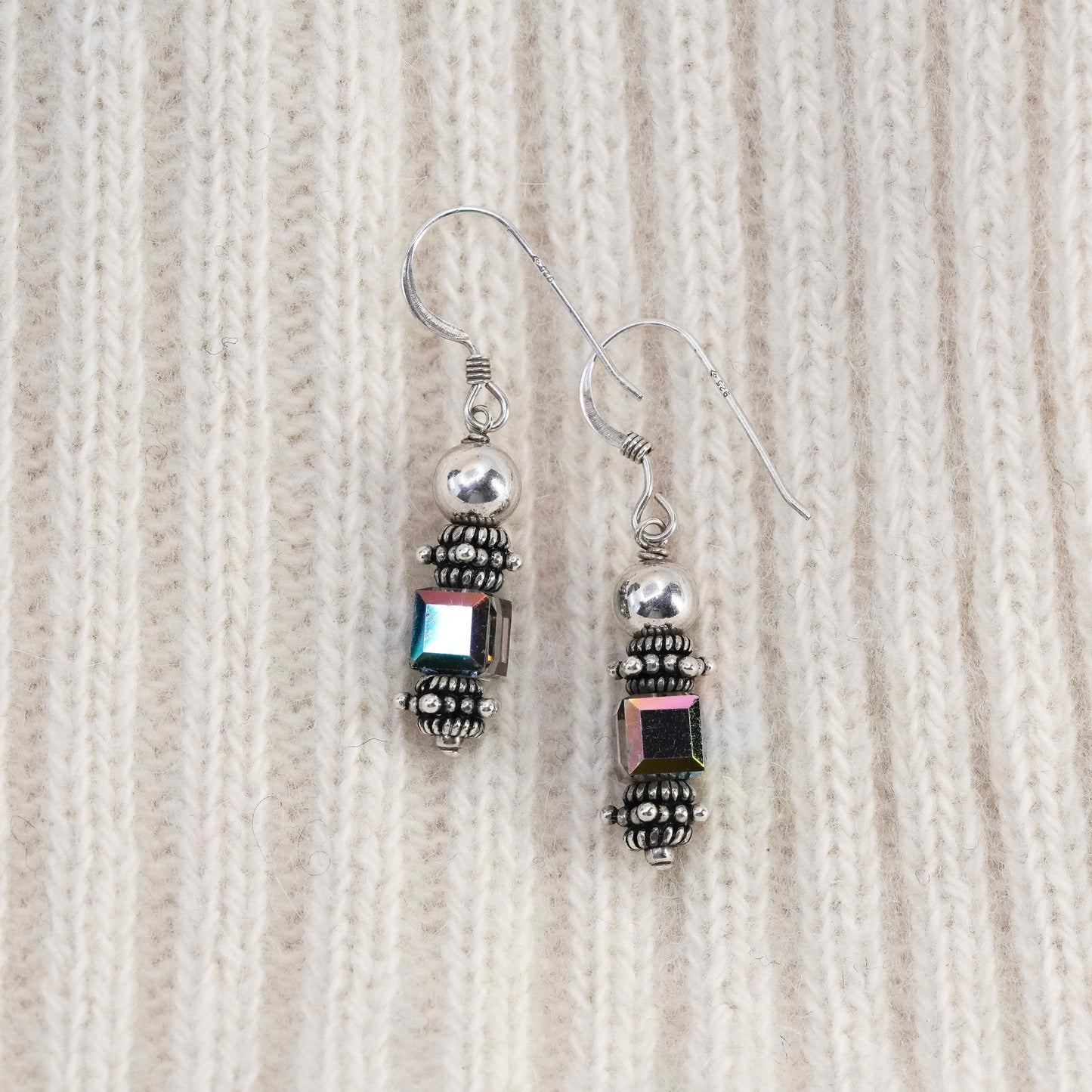Vintage Sterling 925 silver handmade earrings, with crystal cube
