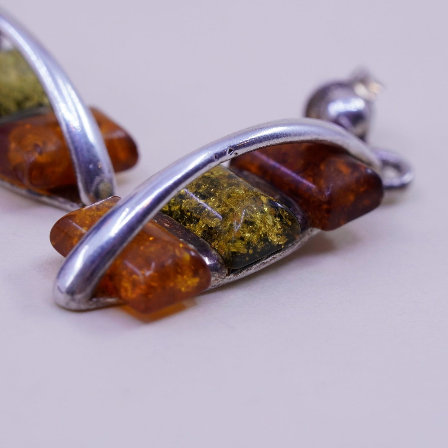 Vintage Sterling silver handmade earrings, 925 rectangular dangles with amber