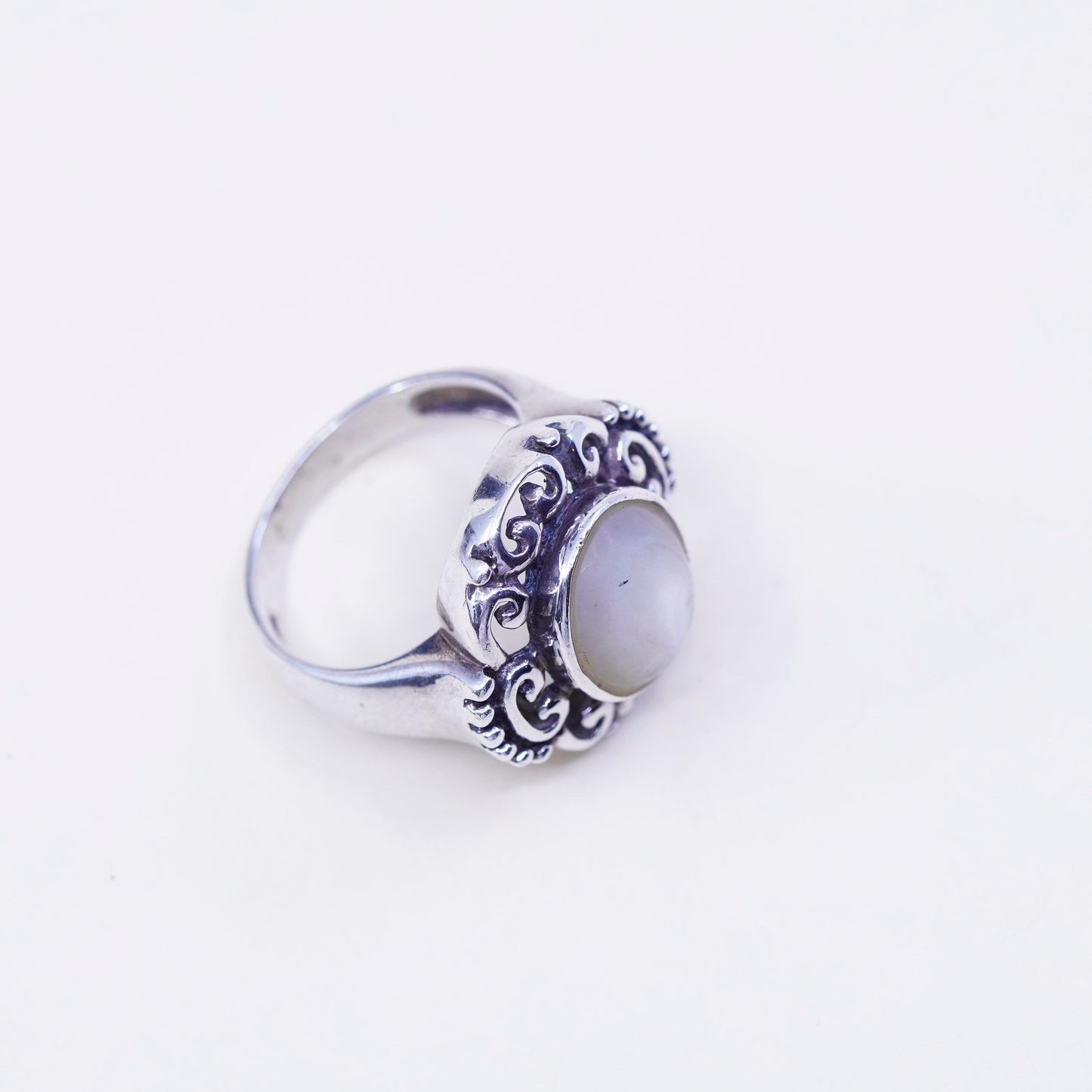 Size 8.25, vintage CFJ sterling 925 silver handmade filigree ring w/ moonstone