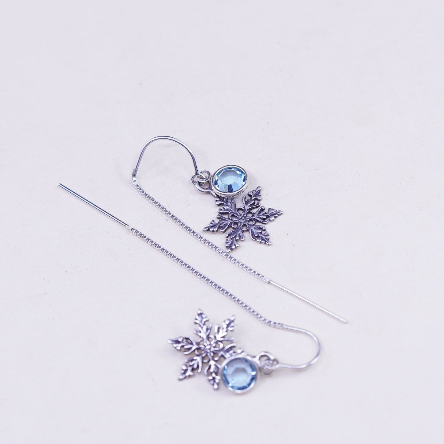 Vintage sterling silver handmade earrings, 925 snowflake drops with blue inlay