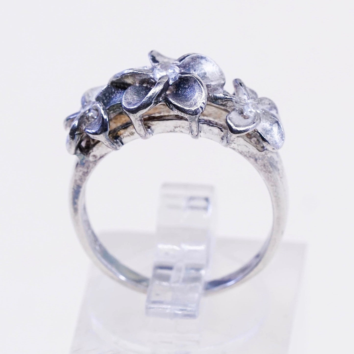 sz 6, vtg sterling silver plumeria flower with crystal ring, 925 silver ring