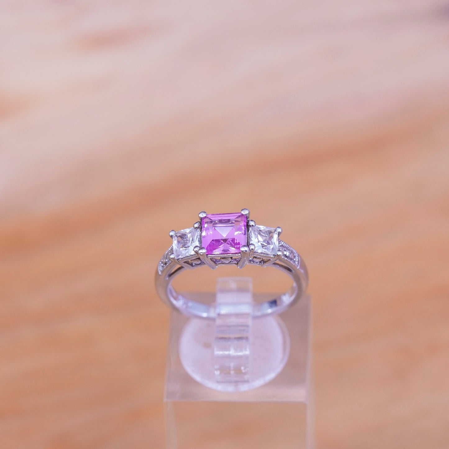 Size 6.5, vintage Sterling 925 silver ring with pink and clear cz