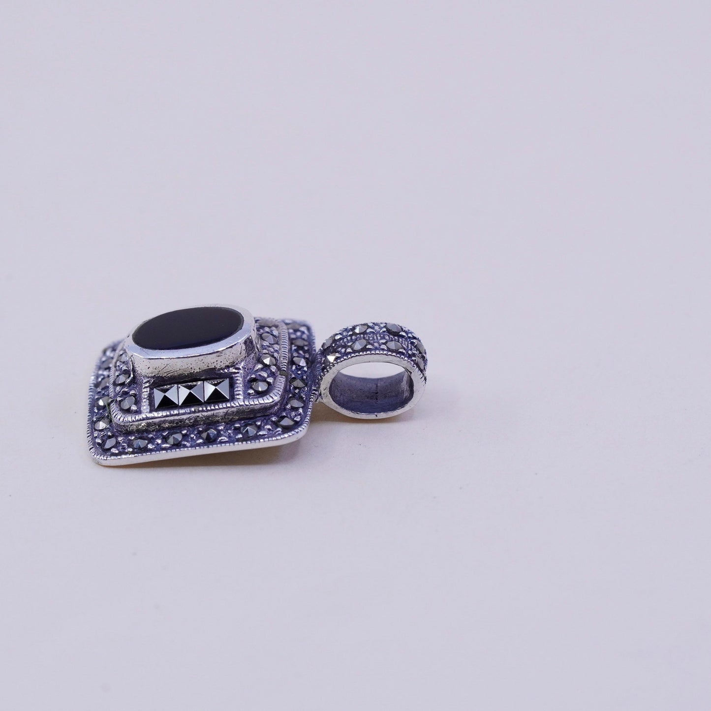 Vintage sterling 925 silver handmade pendant, obsidian with marcasite pendant
