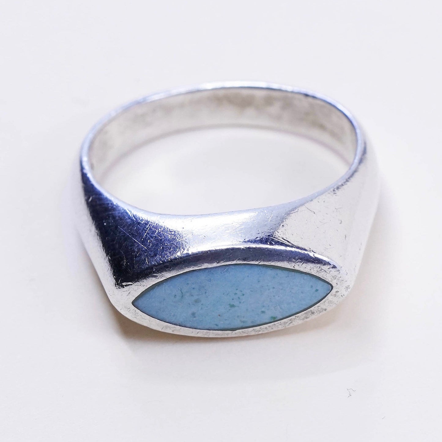 sz 9.25, vtg Sterling silver handmade ring, modern 925 band w/ turquoise