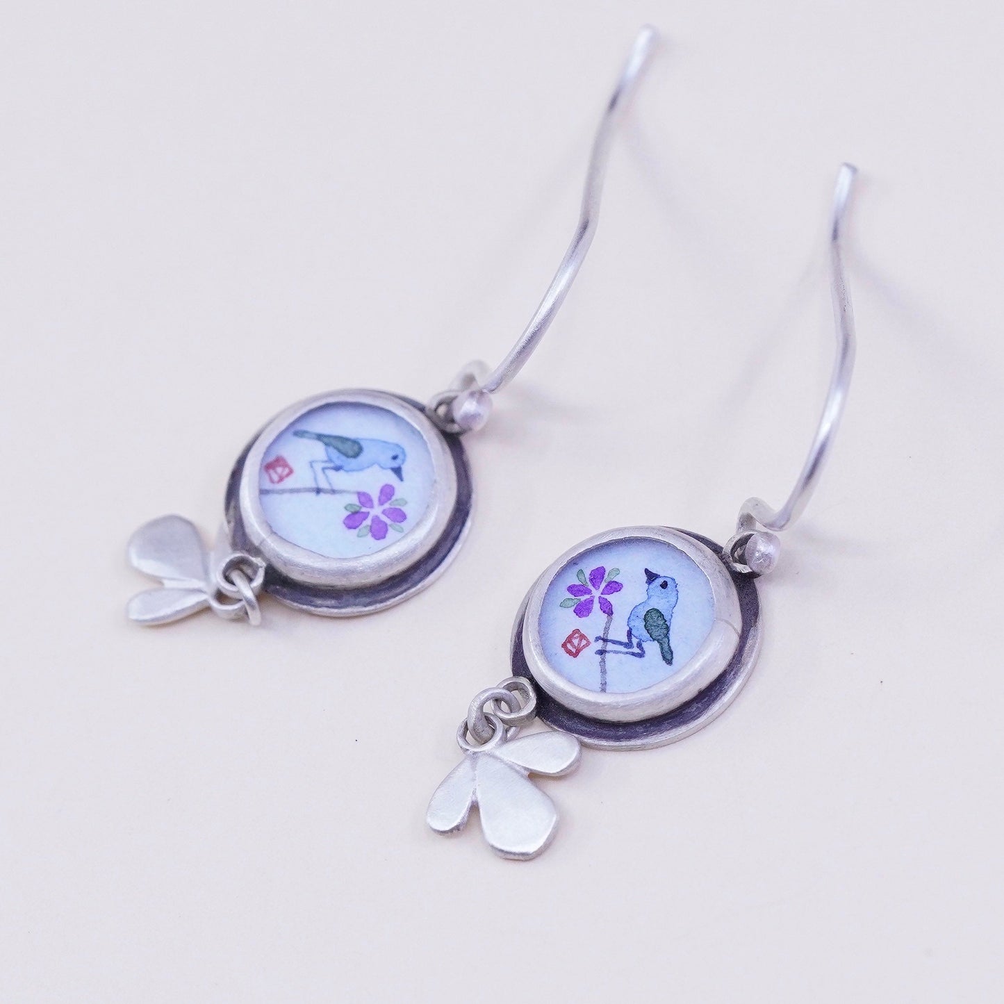 Designer Ananda KHALSA Sterling 925 silver handmade earrings, watercolor blue bird with purple plum flower, stamped 925 A