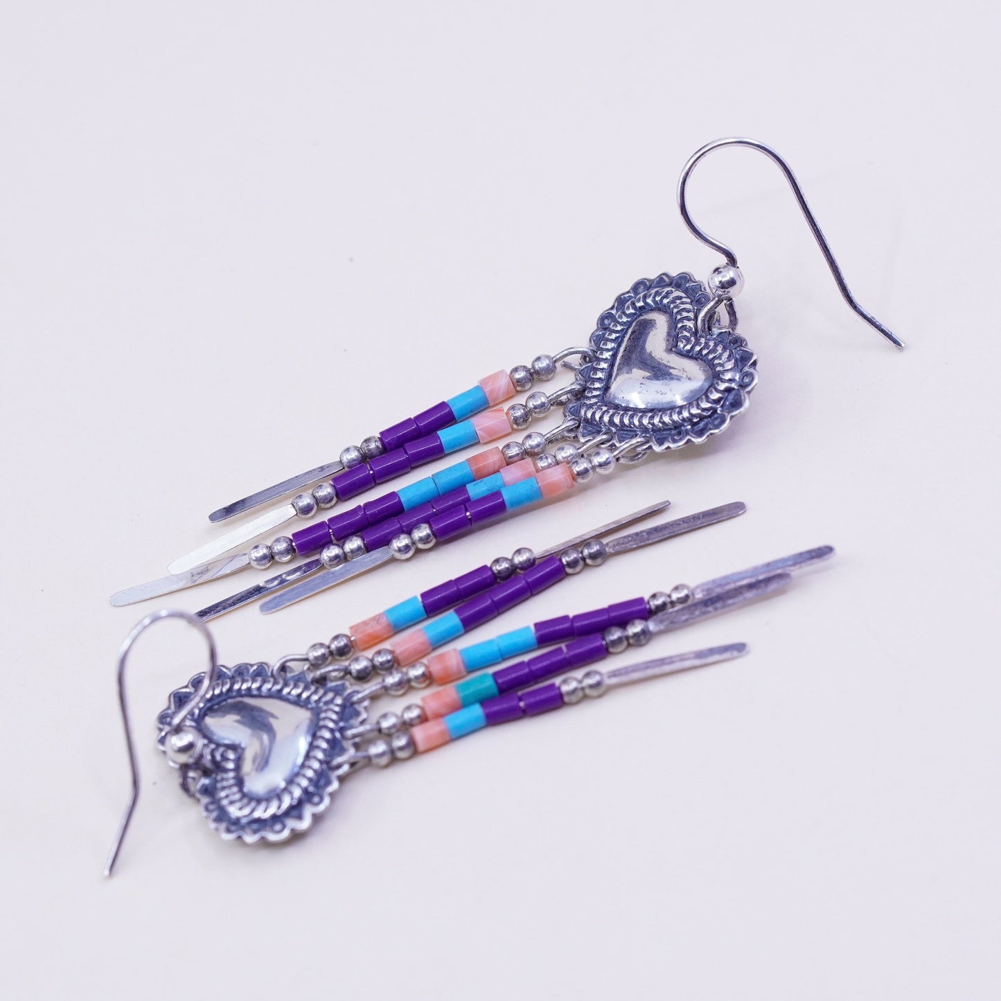 Native American KBN Kabana Sterling silver handmade earrings, 925 heart with turquoise and coral fringe, stamped 925 KBN