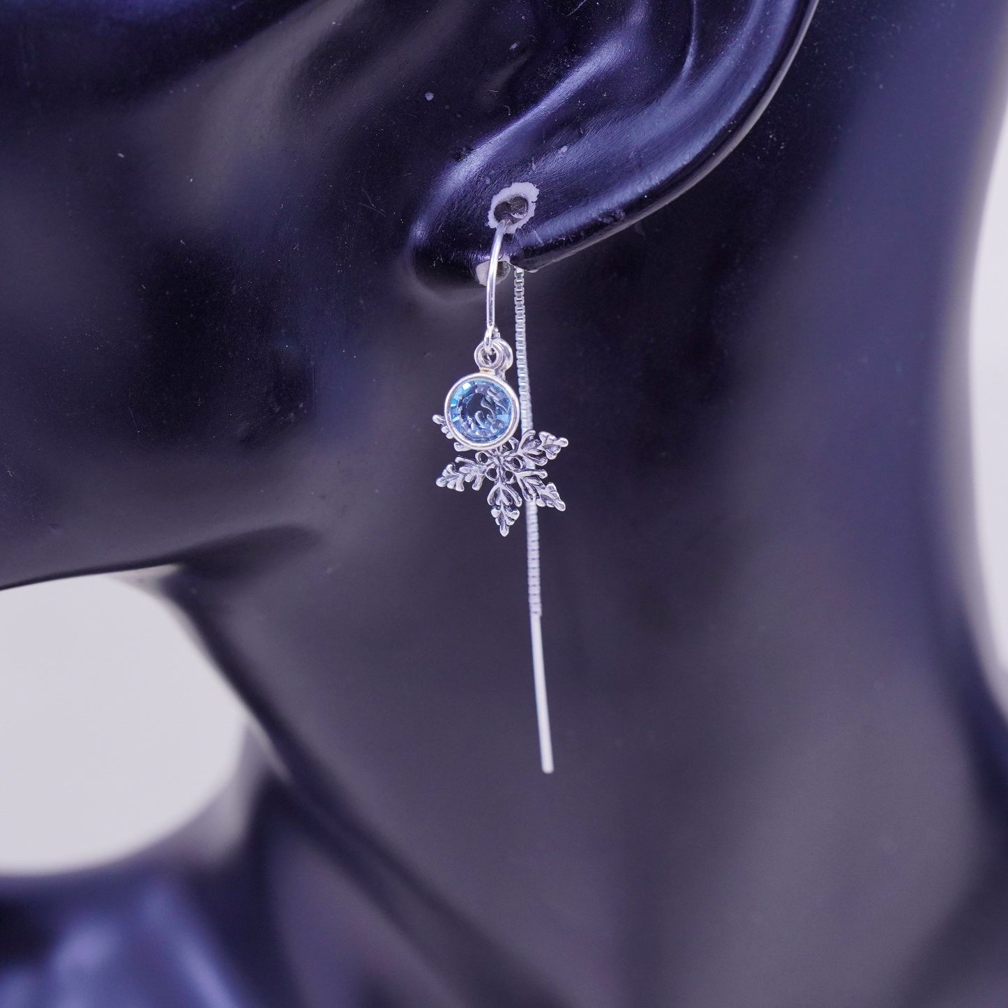 Vintage sterling silver handmade earrings, 925 snowflake drops with blue inlay