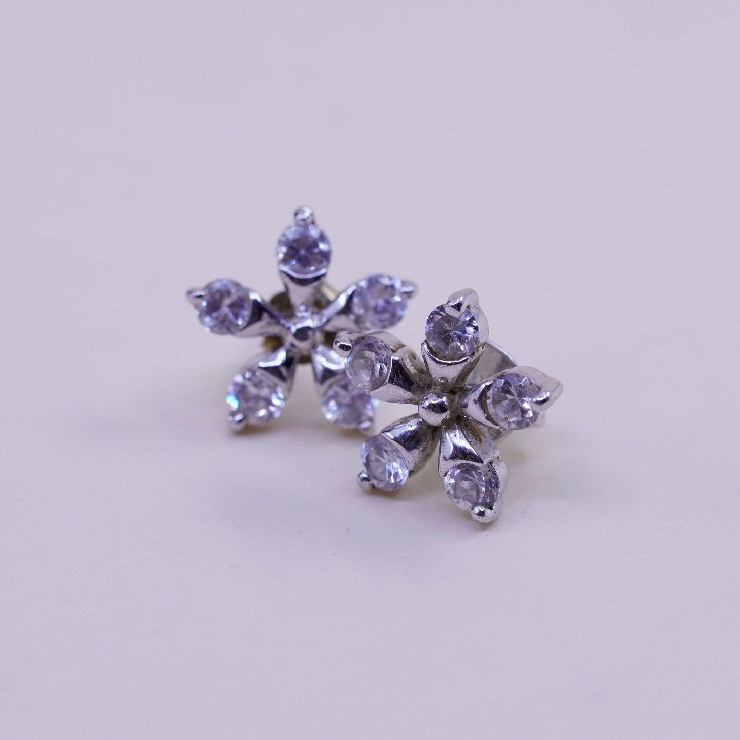 Vintage Sterling silver handmade earrings, 925 flower studs with cz