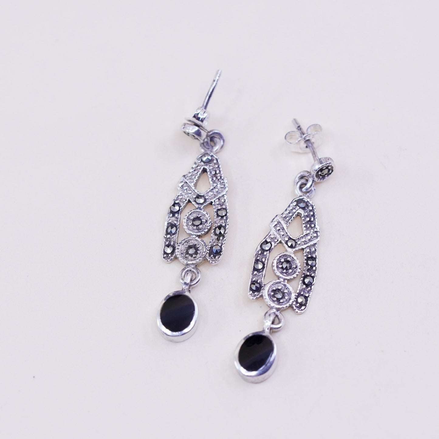 Vintage Sterling 925 silver handmade earrings with obsidian and marcasite
