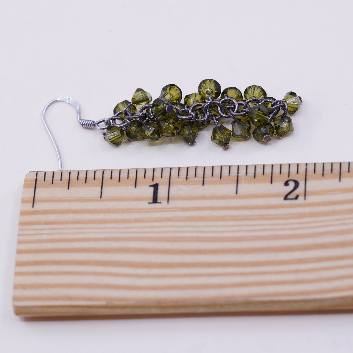 Vintage sterling 925 silver handmade earrings with cluster olive green crystal, stamped 925