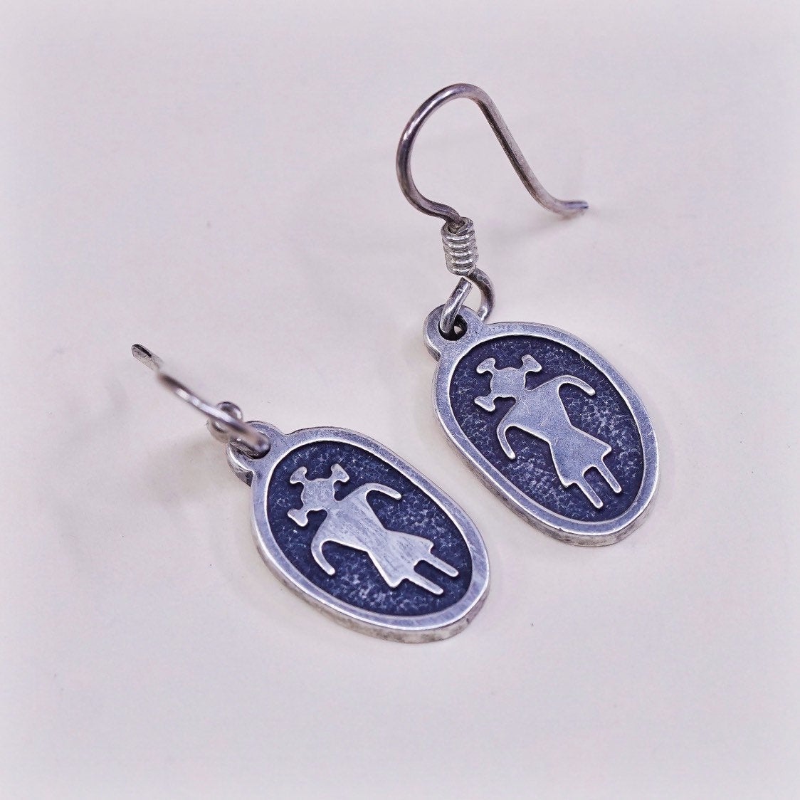 vtg Native American hopi sterling silver handmade earrings 925 figure tag drops