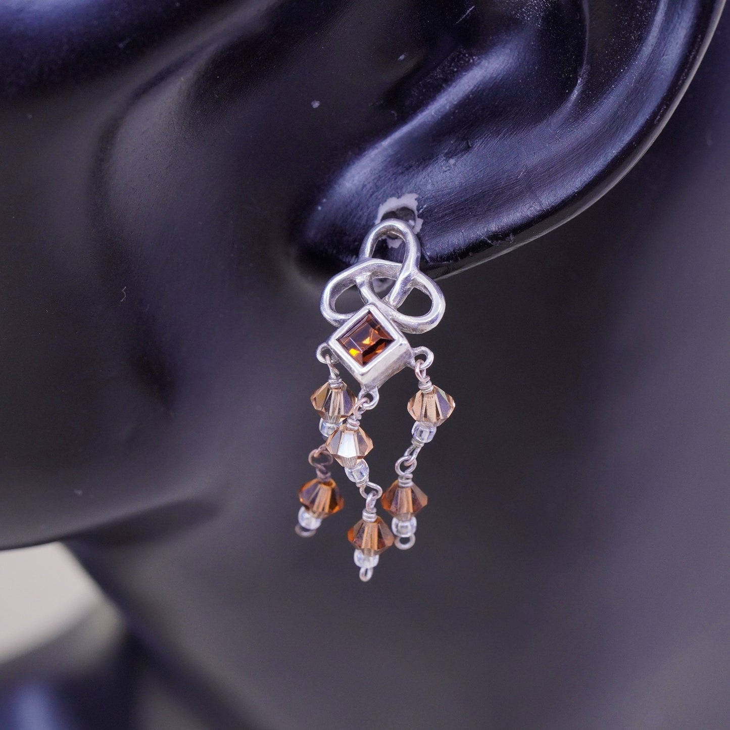 Vintage Sterling 925 silver handmade earrings with ruby and crystal dangles
