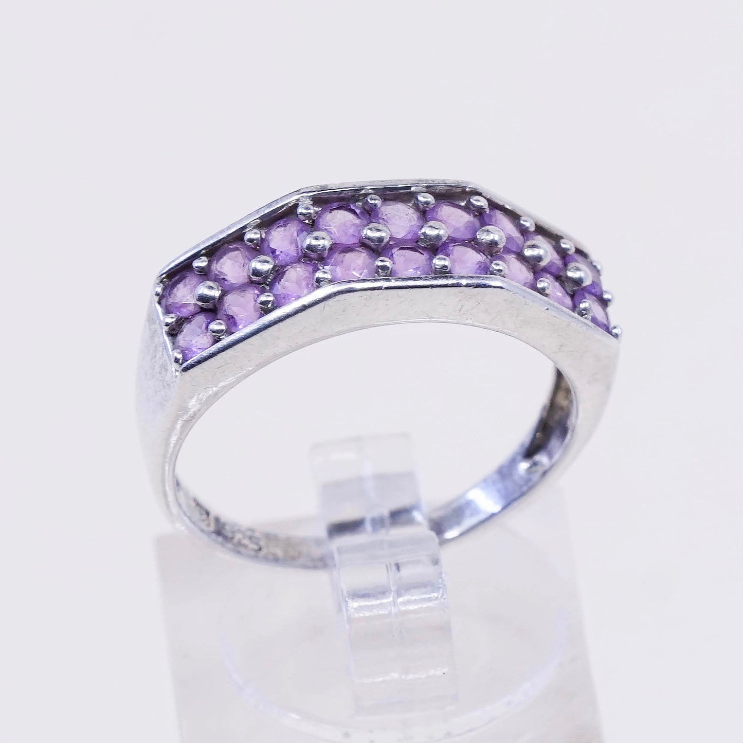 Size 8, vtg Sterling silver handmade cocktail ring, 925 w/ cluster amethyst