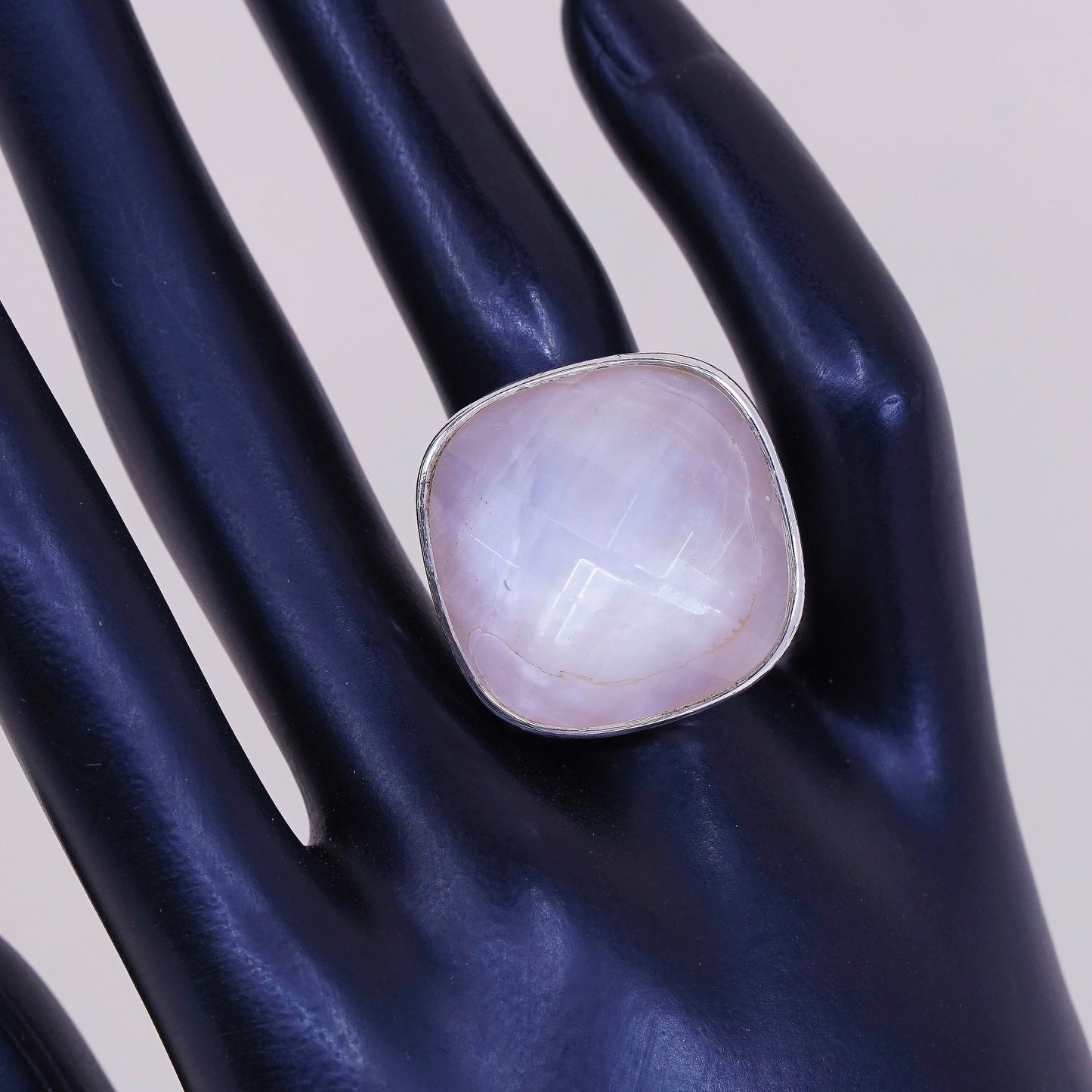 sz 7, vtg sterling 925 silver handmade statement ring w/ pink glass stone