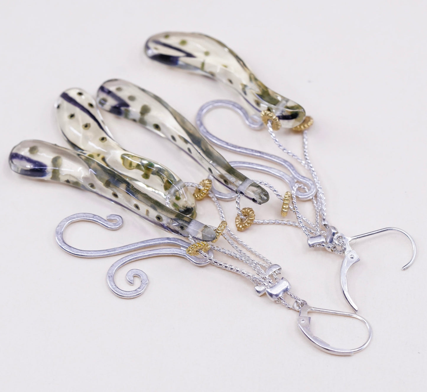 VTG sterling 925 silver handmade earrings, resin long nugget with swirl dangles