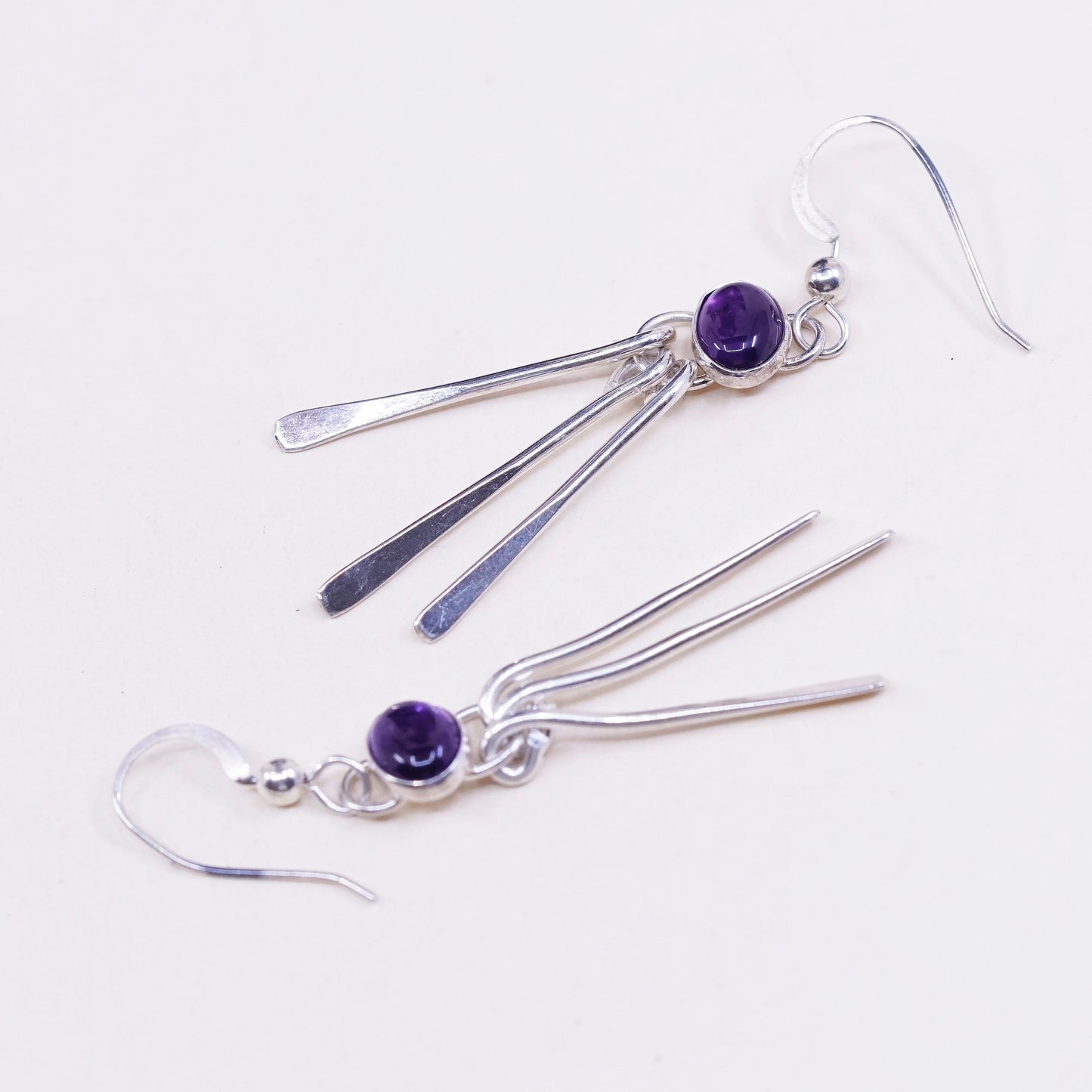 Vintage sterling silver handmade earrings, 925 fringe with amethyst