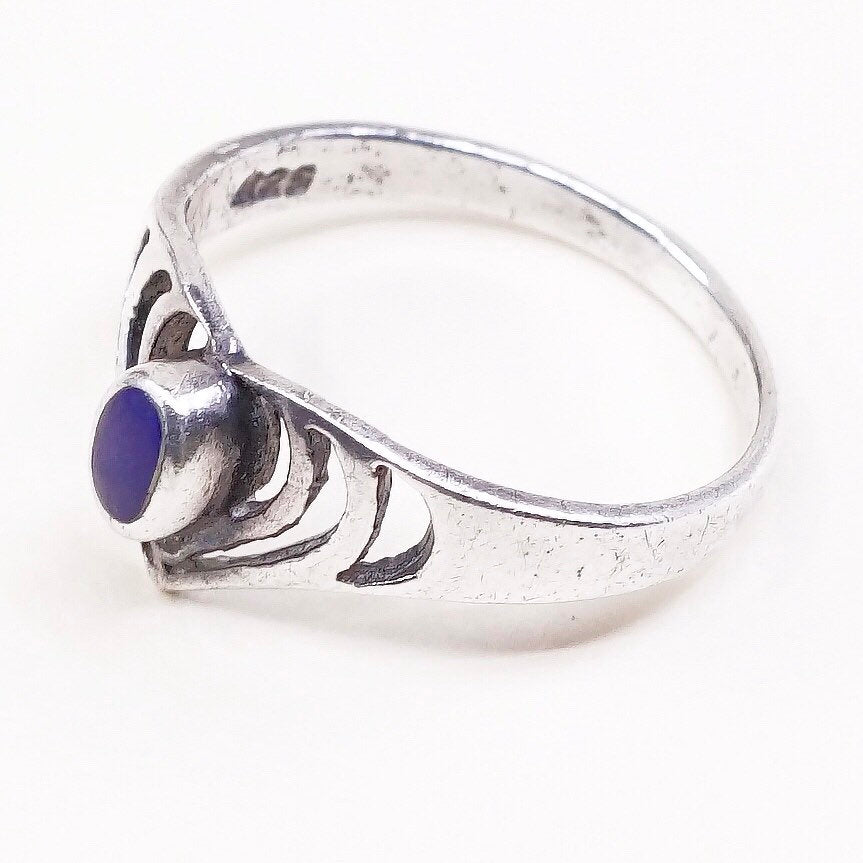 Size 7.5, vtg sterling 925 silver handmade ring, oval blue onyx