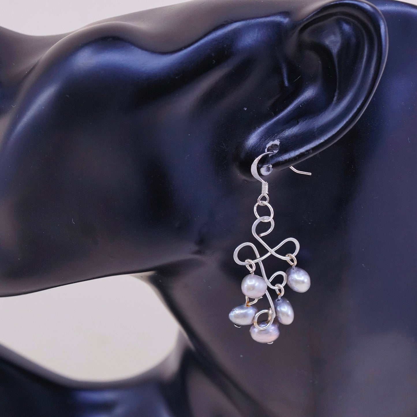 vtg Sterling silver handmade earrings, 925 w/ cluster gray pearl, Silver tested