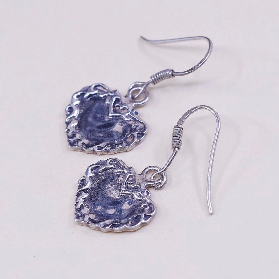 VTG Sterling silver handmade earrings, 925 heart drops, stamped 925
